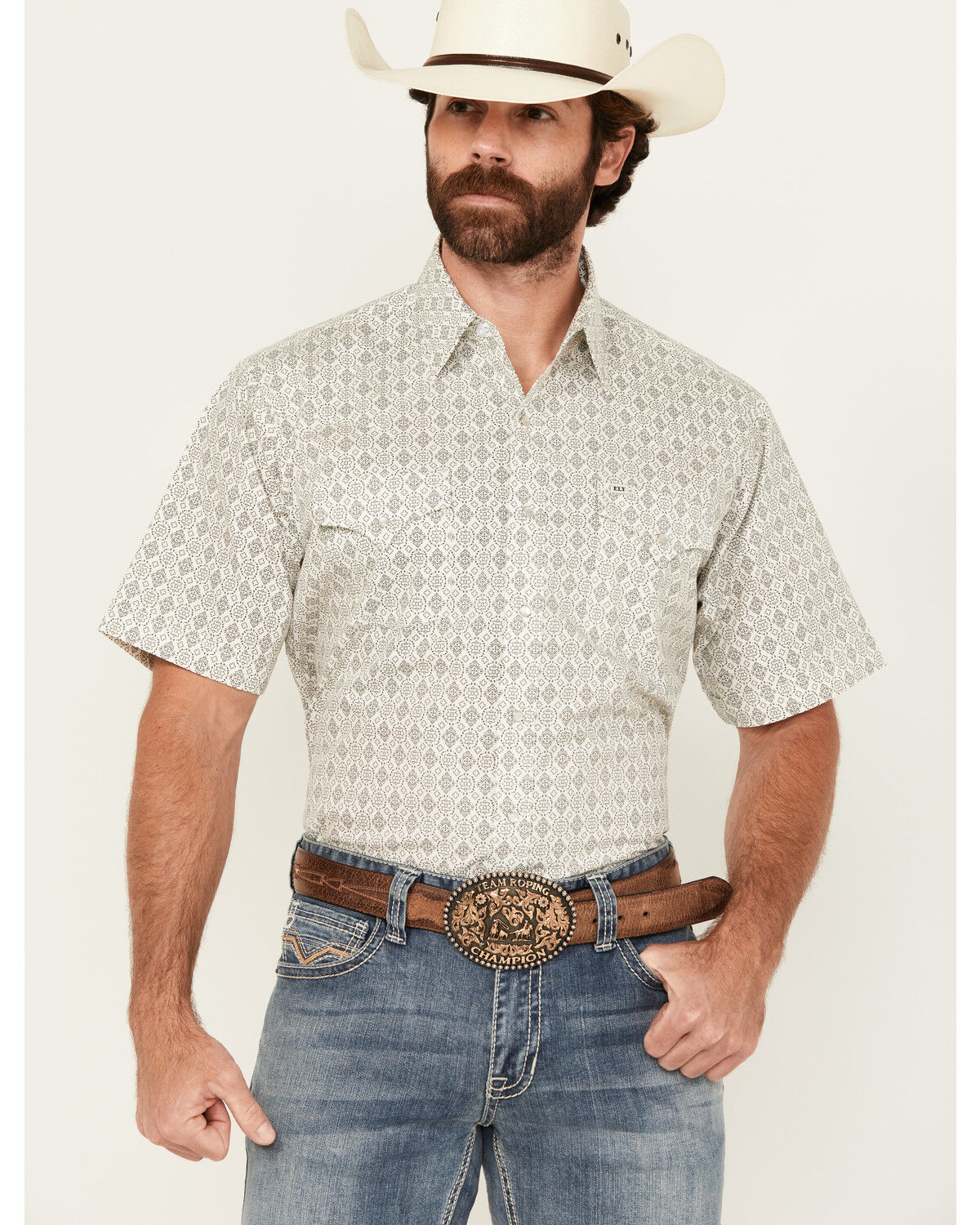 Image #1 - Ely Walker Men's Medallion Print Short Sleeve Snap Western Shirt - Big, Cream, hi-res