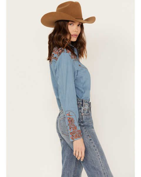Image #2 - Scully Women's Floral Embroidered Western Shirt, Blue, hi-res