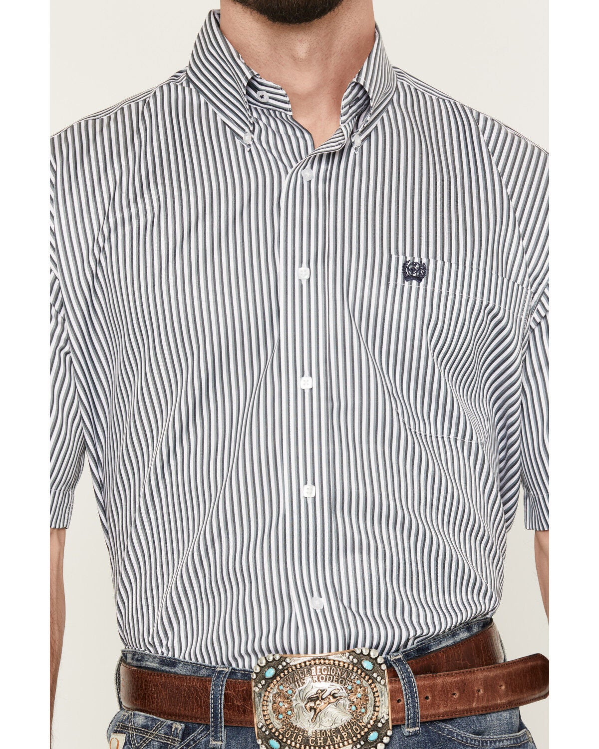 Image #3 - Cinch Men's Boot Barn Exclusive Striped Short Sleeve Button-Down Western Shirt, Blue, hi-res