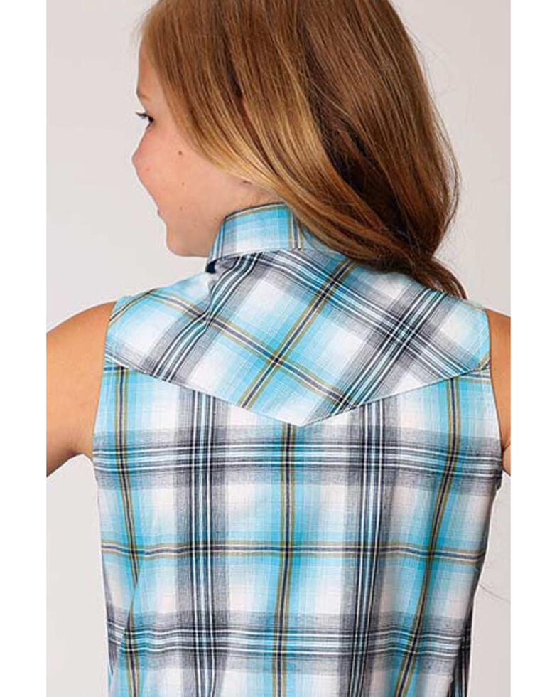 Amarillo Girls' Sweet Water Plaid Sleeveless Snap Western Shirt , Turquoise, hi-res