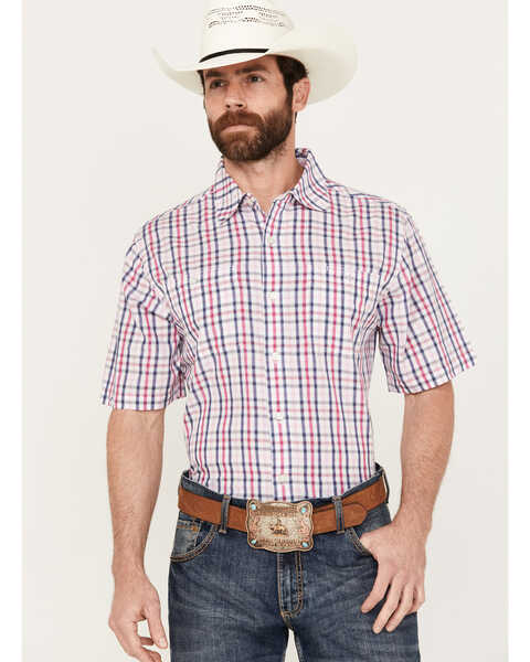 Resistol Men's Billings Plaid Print Short Sleeve Button Down Western Shirt, Red, hi-res
