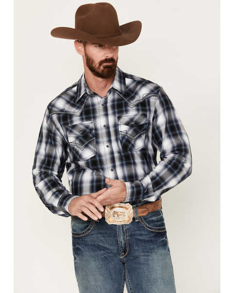 Image #1 - Rock 47 by Wrangler Men's Plaid Print Long Sleeve Snap Western Shirt, Black, hi-res