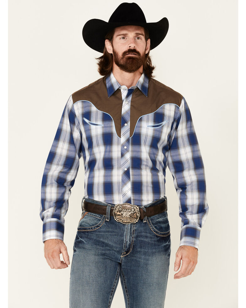 Roper Men's Embroidered Large Plaid Long Sleeve Snap Western Shirt , Blue, hi-res