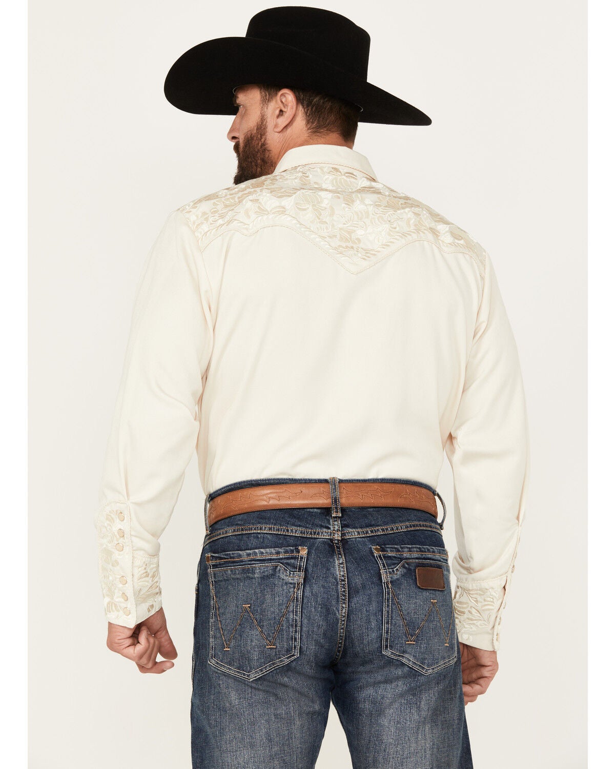 Image #4 - Scully Men's Gunfighter Embroidery Long Sleeve Snap Western Shirt, Ivory, hi-res
