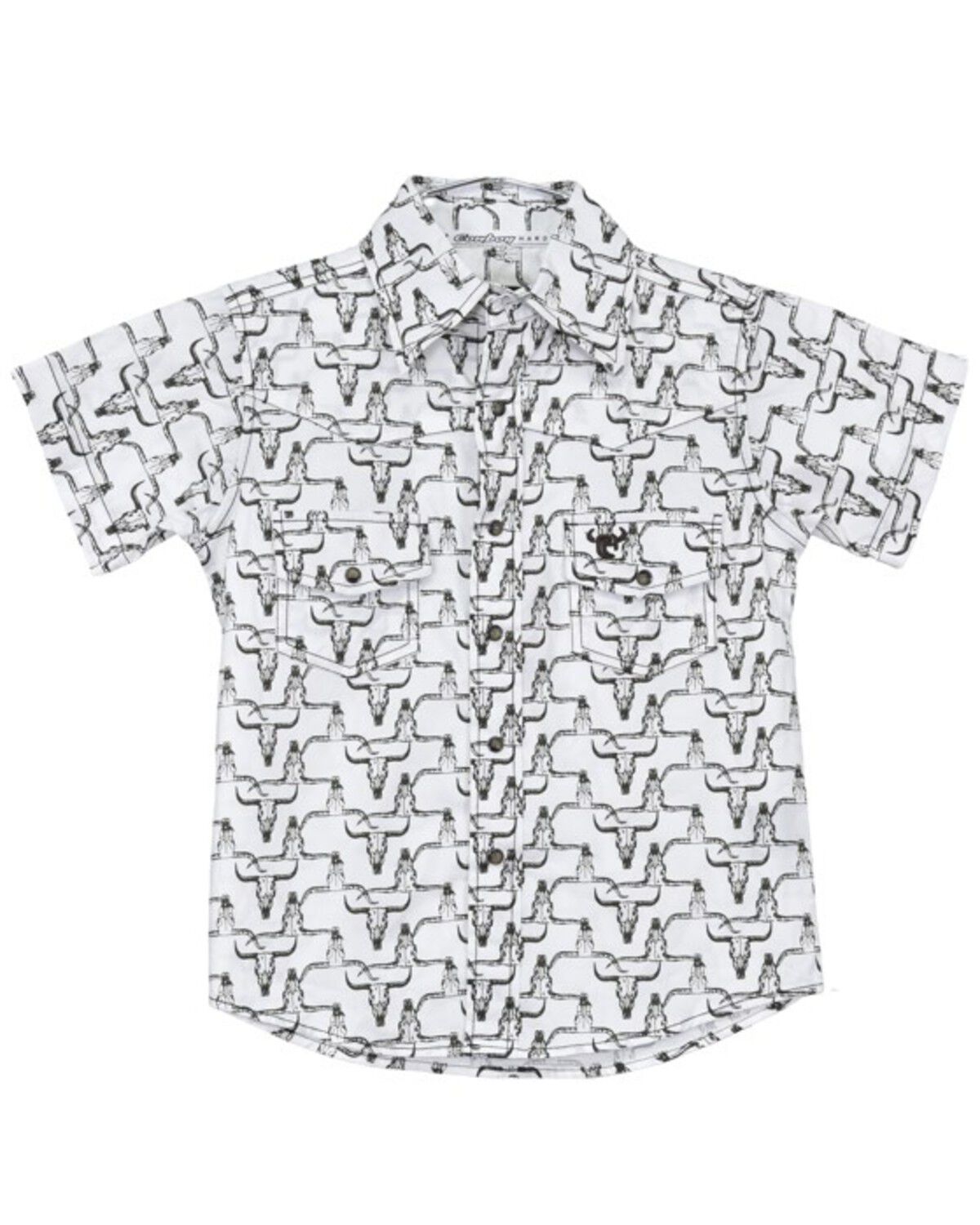 Image #1 - Cowboy Hardware Boys' Hombre Skull Print Short Sleeve Snap Stretch Western Shirt, White, hi-res