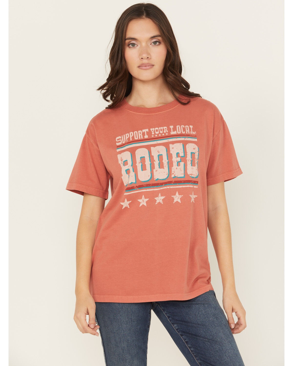 Image #1 - Shyanne Women's Support Your Local Rodeo Short Sleeve Boyfriend Graphic Tee, Red, hi-res