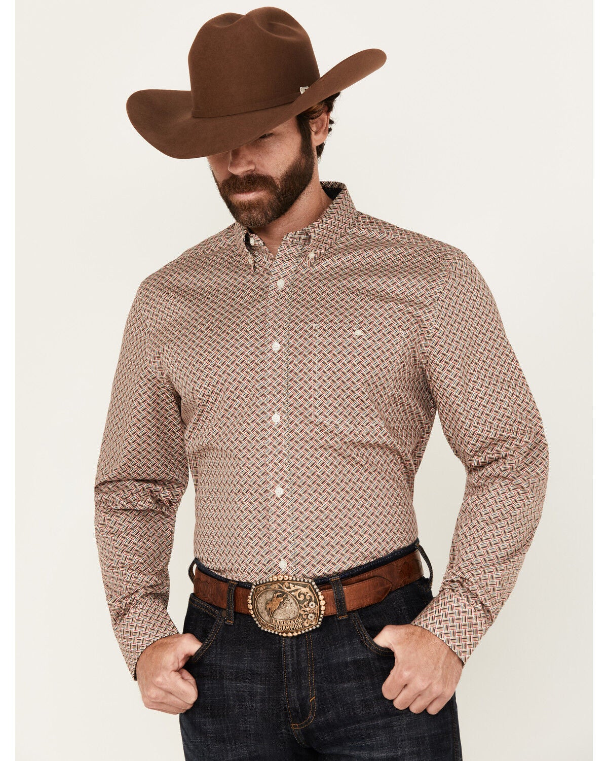 RANK 45&reg; Men's Wallace Geo Print Long Sleeve Button-Down Stretch Western Shirt, Ivory, hi-res