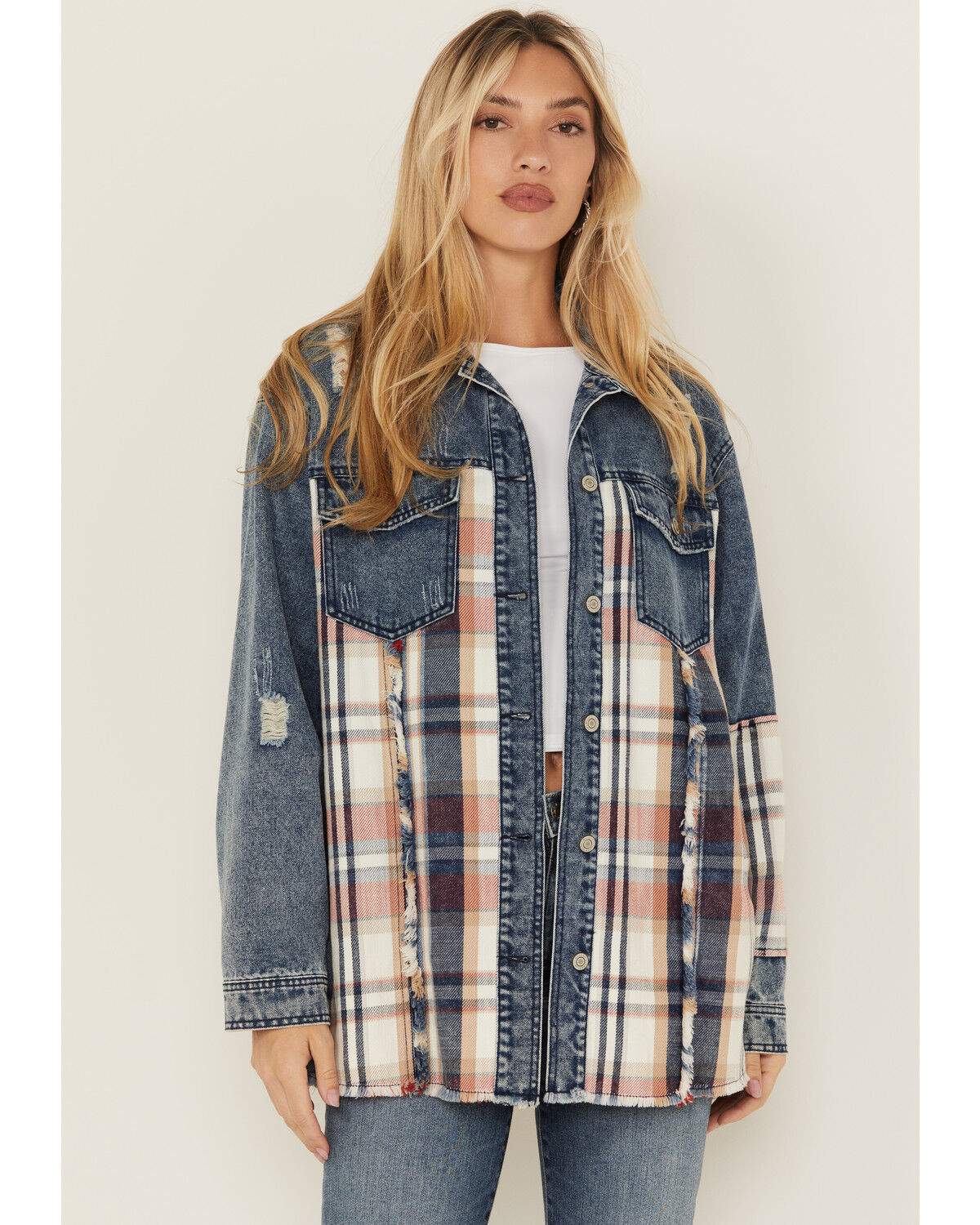 Image #1 - 26 International Women's Plaid Print Long Sleeve Button-Down Denim Shacket, Blue, hi-res
