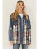 Image #1 - 26 International Women's Plaid Print Long Sleeve Button-Down Denim Shacket, Blue, hi-res