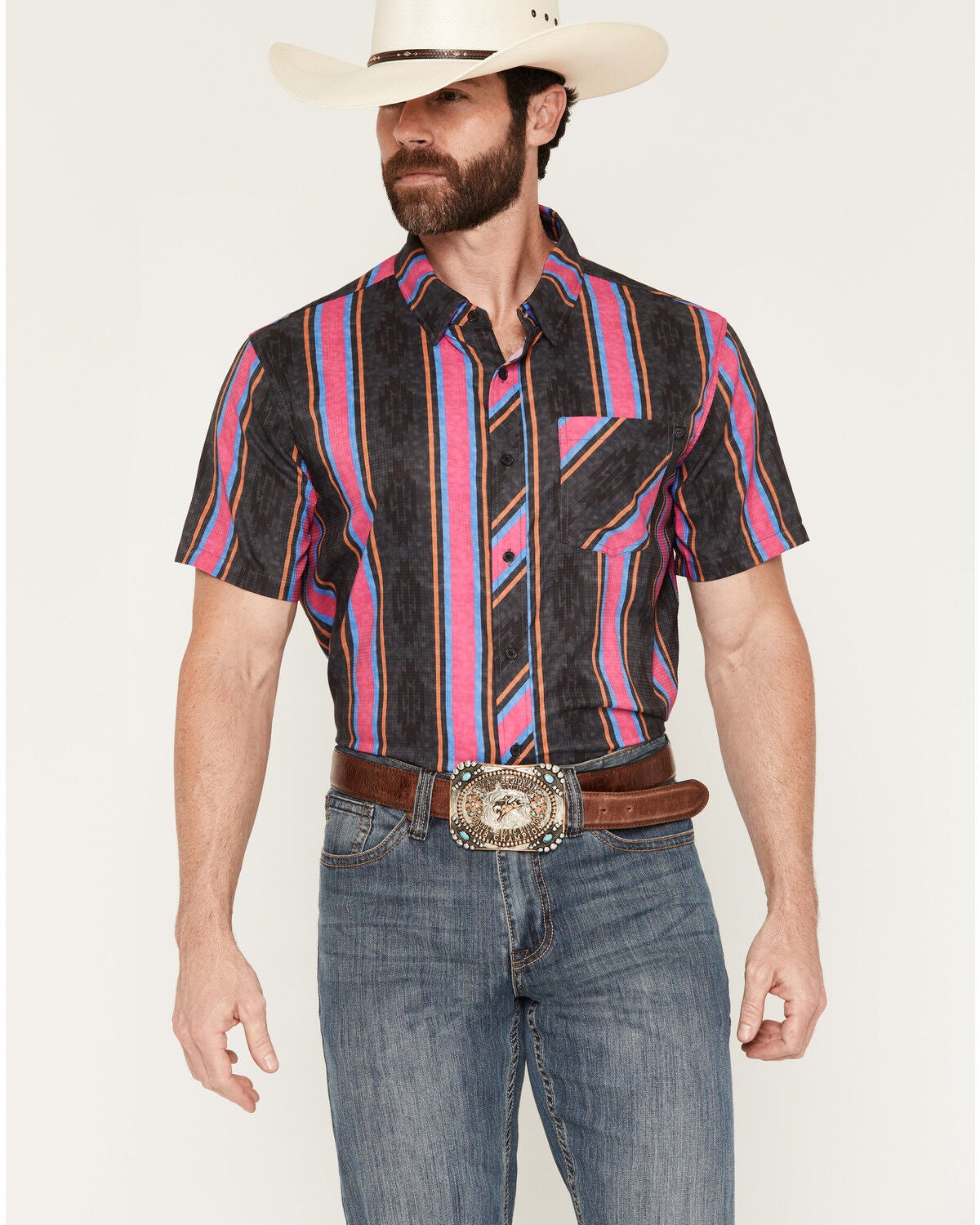 Image #1 - Rock & Roll Denim Men's TEK Southwestern Striped Short Sleeve Button-Down Stretch Western Shirt, Hot Pink, hi-res