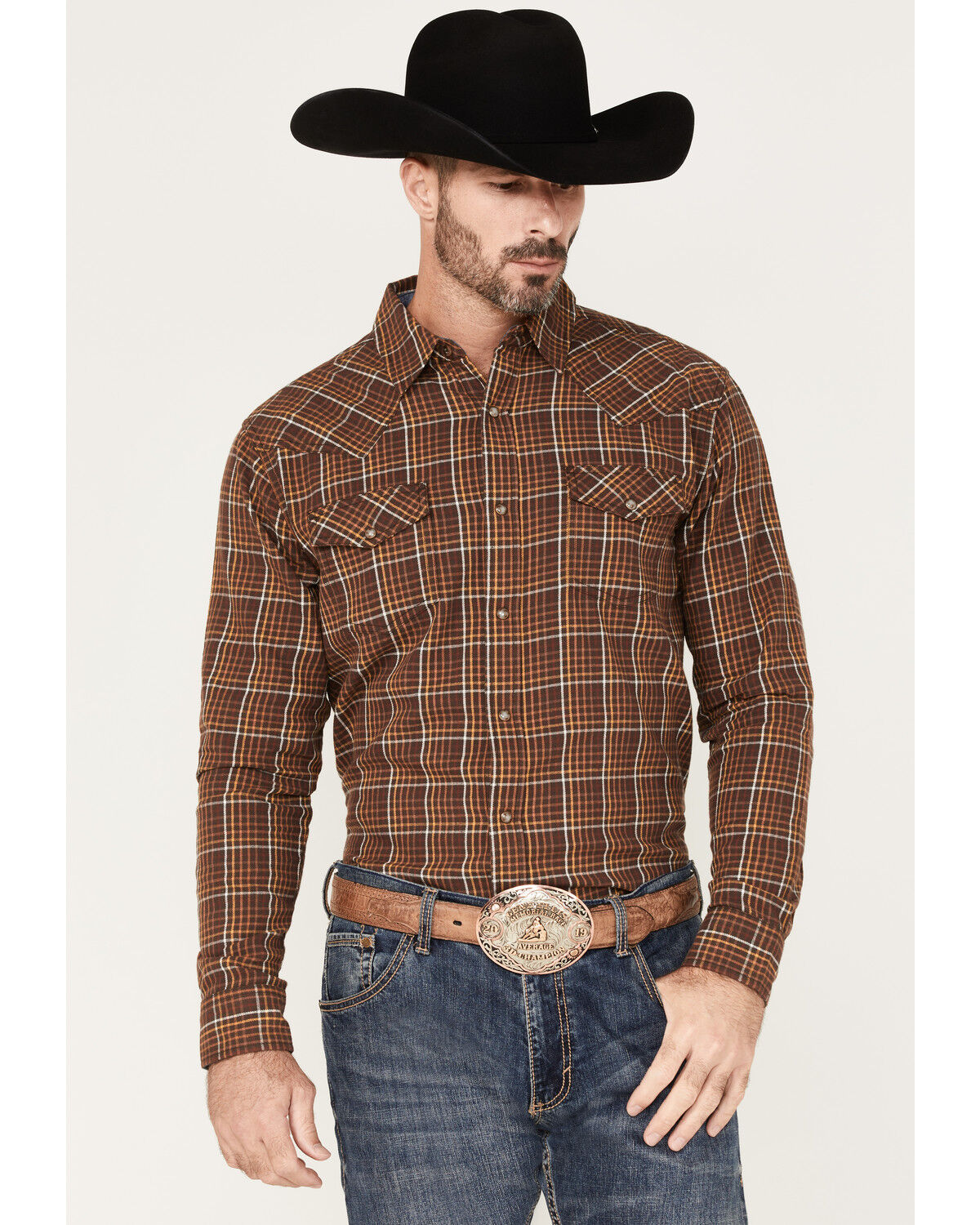 Image #1 - Cody James Men's Rusty Nail Plaid Print Long Sleeve Snap Western Flannel Shirt, Rust Copper, hi-res