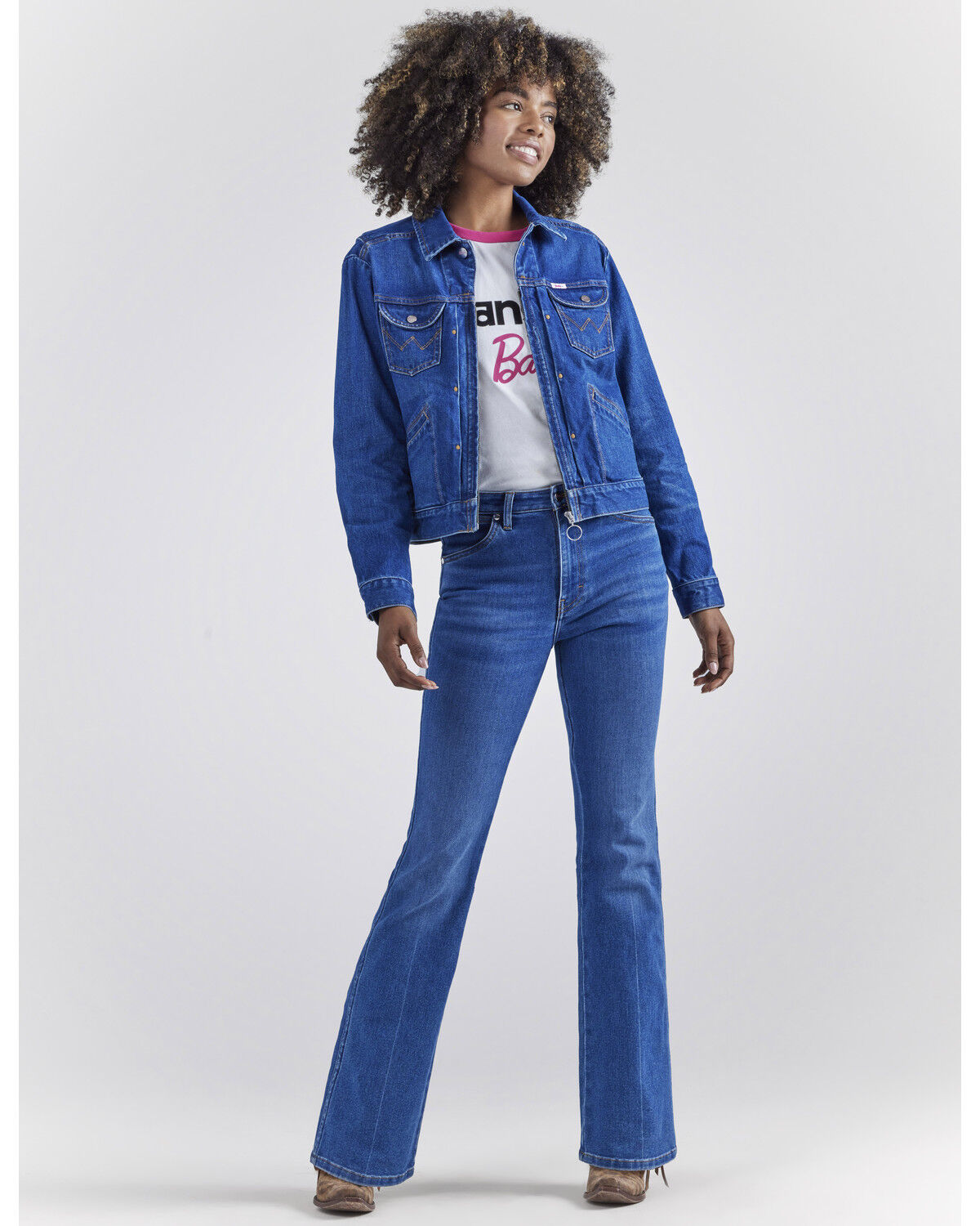 Image #6 - Wrangler® X Barbie™ Women's Dark Wash Barbie™ Logo Zip Front Denim Jacket, Dark Wash, hi-res