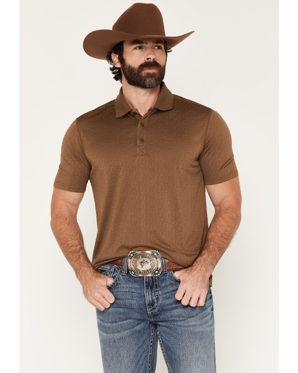 RANK 45&reg; Men's Wayne Solid Short Sleeve Button-Down Polo, Chestnut, hi-res