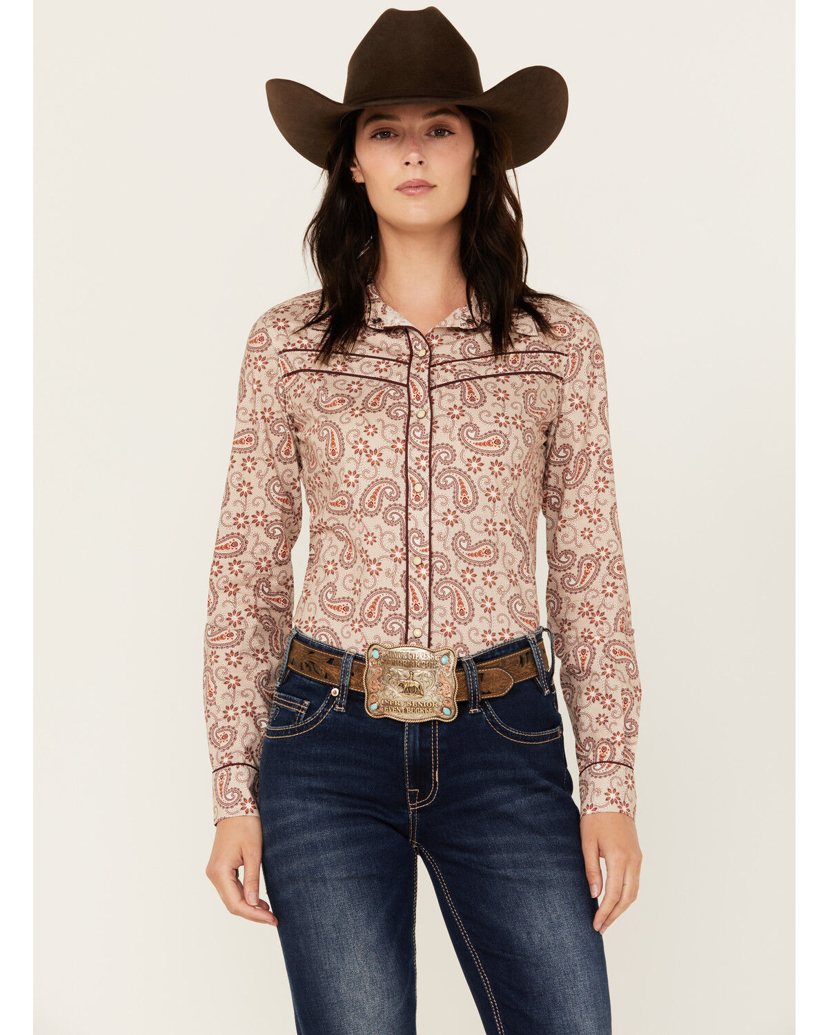 Image #1 - Rock & Roll Denim Women's Paisley Print Double Piping Long Sleeve Snap Western Shirt, Red, hi-res