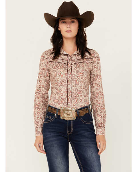 Rock & Roll Denim Women's Paisley Print Double Piping Long Sleeve Snap Western Shirt , Red, hi-res