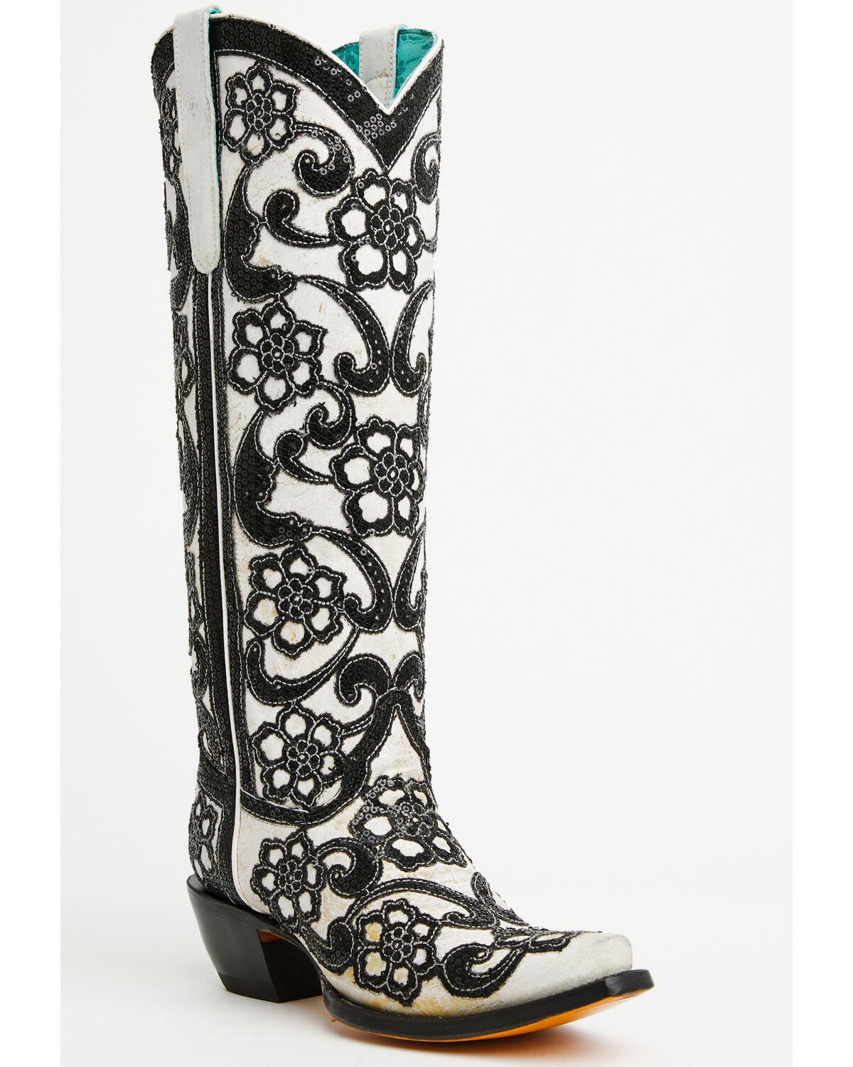 Corral Women's Floral Overlay Sequin Tall Western Boots - Snip Toe, Black/white, hi-res