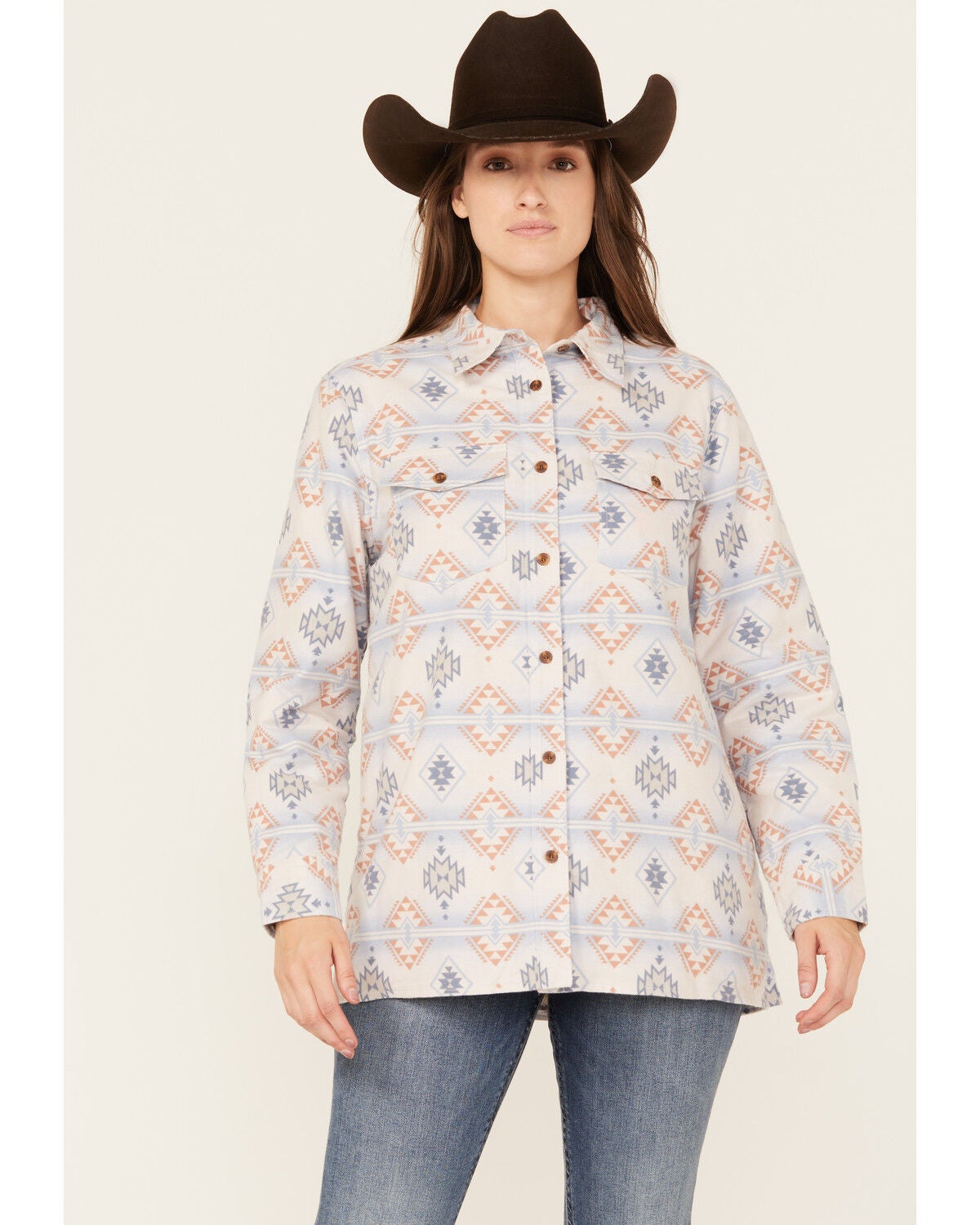 Ely Walker Women's Southwestern Print Sherpa Lined Flannel, Grey, hi-res