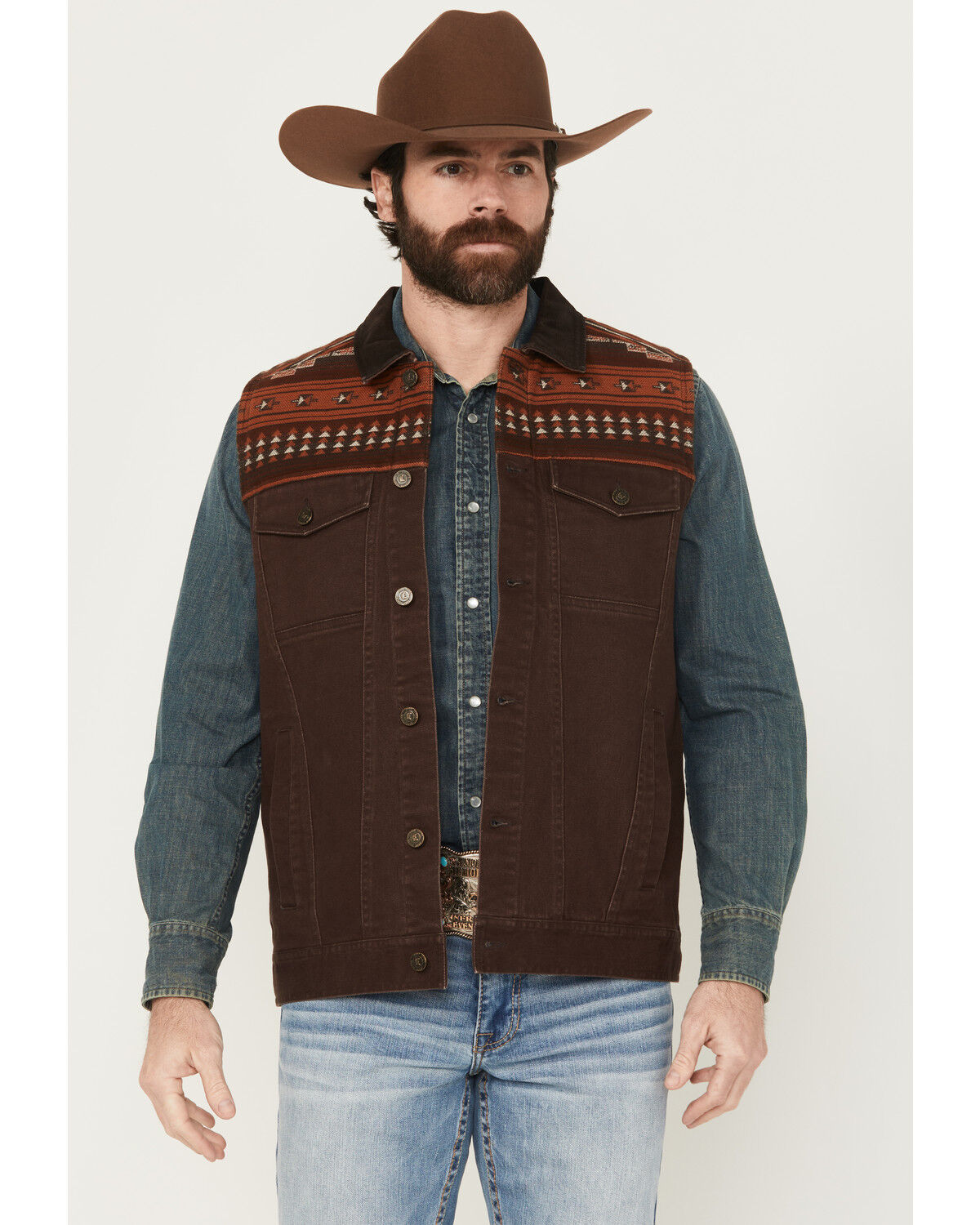 Image #1 - Cody James Men's Iroquois Southwestern Trucker Vest, Brown, hi-res