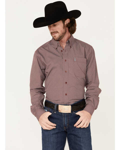 Cinch Men's Modern Fit Geo Print Button-Down Western Shirt , Burgundy, hi-res