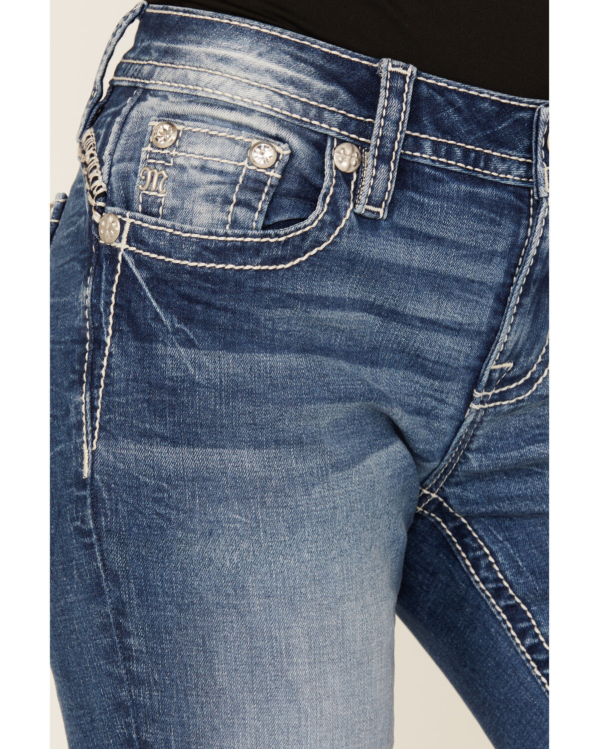 Image #4 - Miss Me Women's Medium Wash Mid Rise Southwestern Print Pocket Bootcut Stretch Denim Jeans, Medium Wash, hi-res