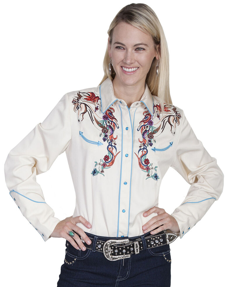 Scully Women's Colorful Horse Embroidered Long Sleeve Shirt, Cream, hi-res
