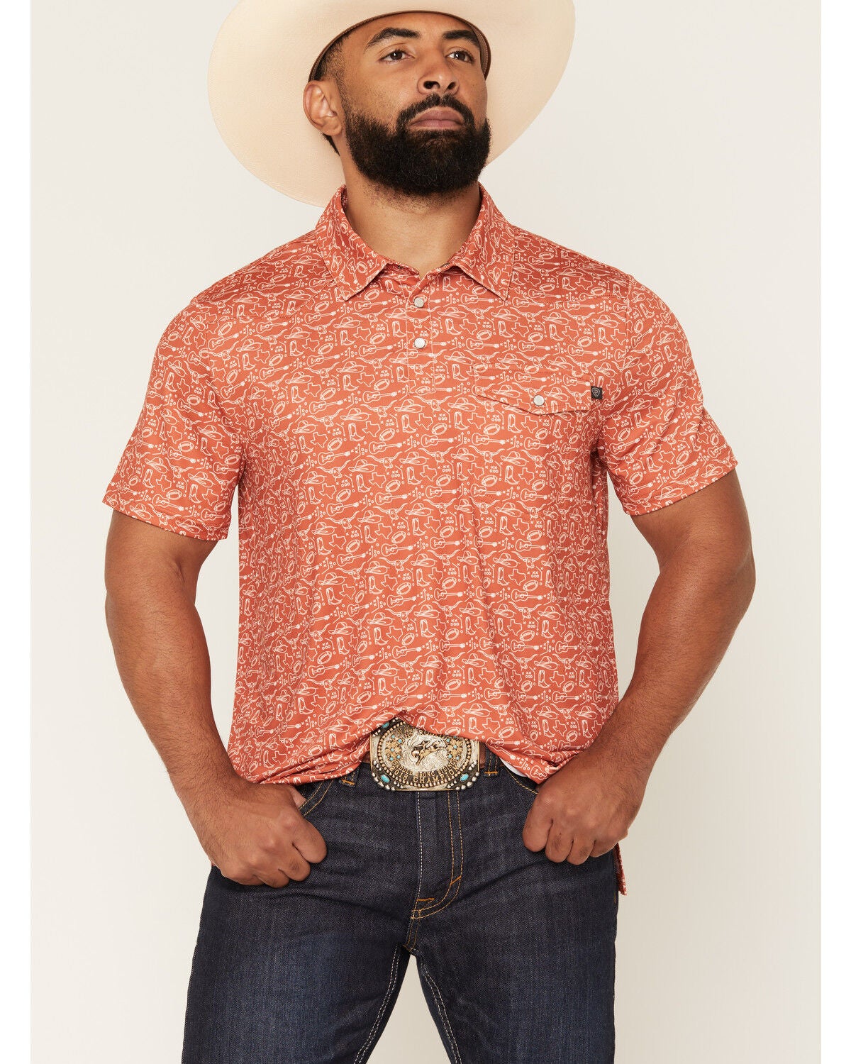 Image #1 - Panhandle Men's Game Day Short Sleeve Snap Stretch Polo, Orange, hi-res