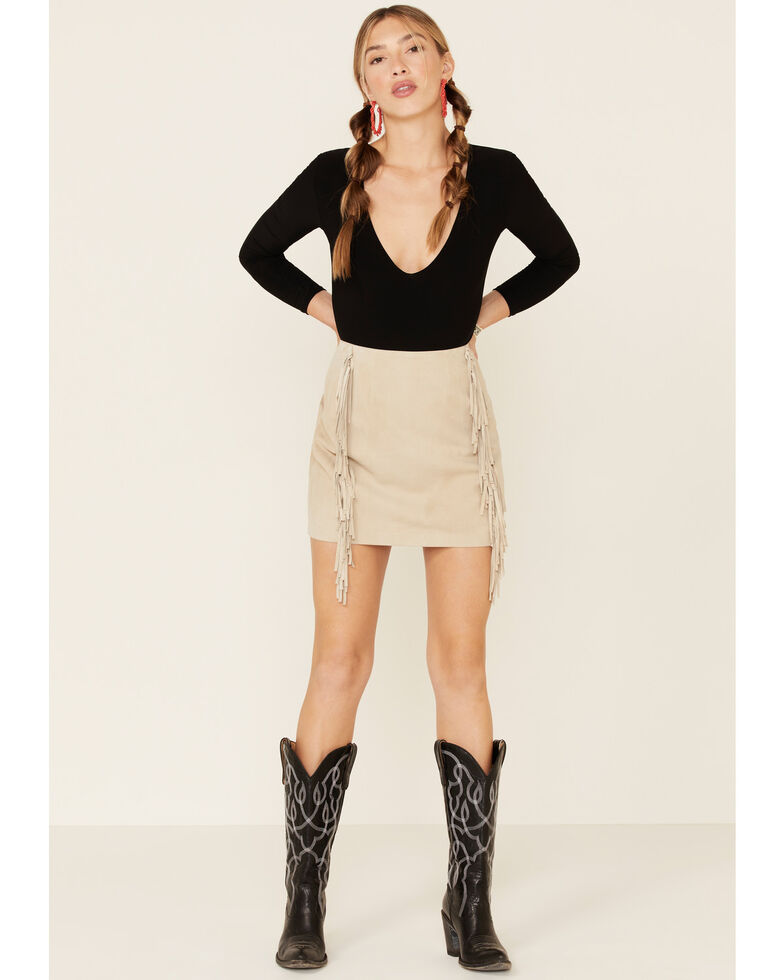 Double D Ranchwear Women's Cream Gathered Stories Fringe Skirt, Cream, hi-res