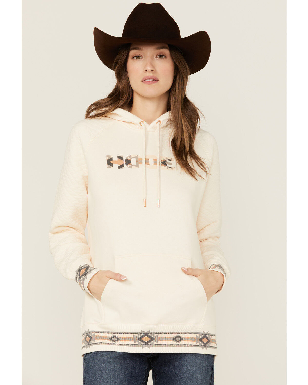 Image #1 - Hooey Women's Southwestern Print Trim Hoodie, Cream, hi-res