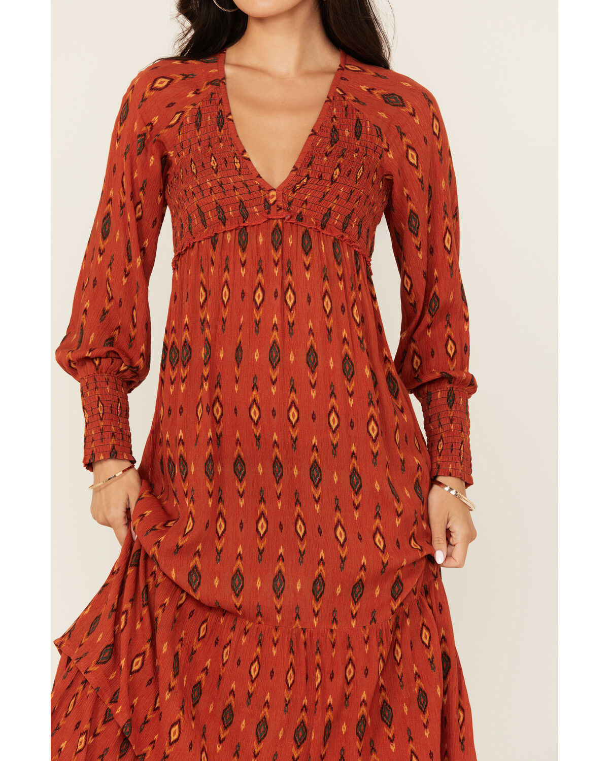 Image #3 - Panhandle Women's Southwestern Print Long Sleeve Midi Dress, Rust Copper, hi-res