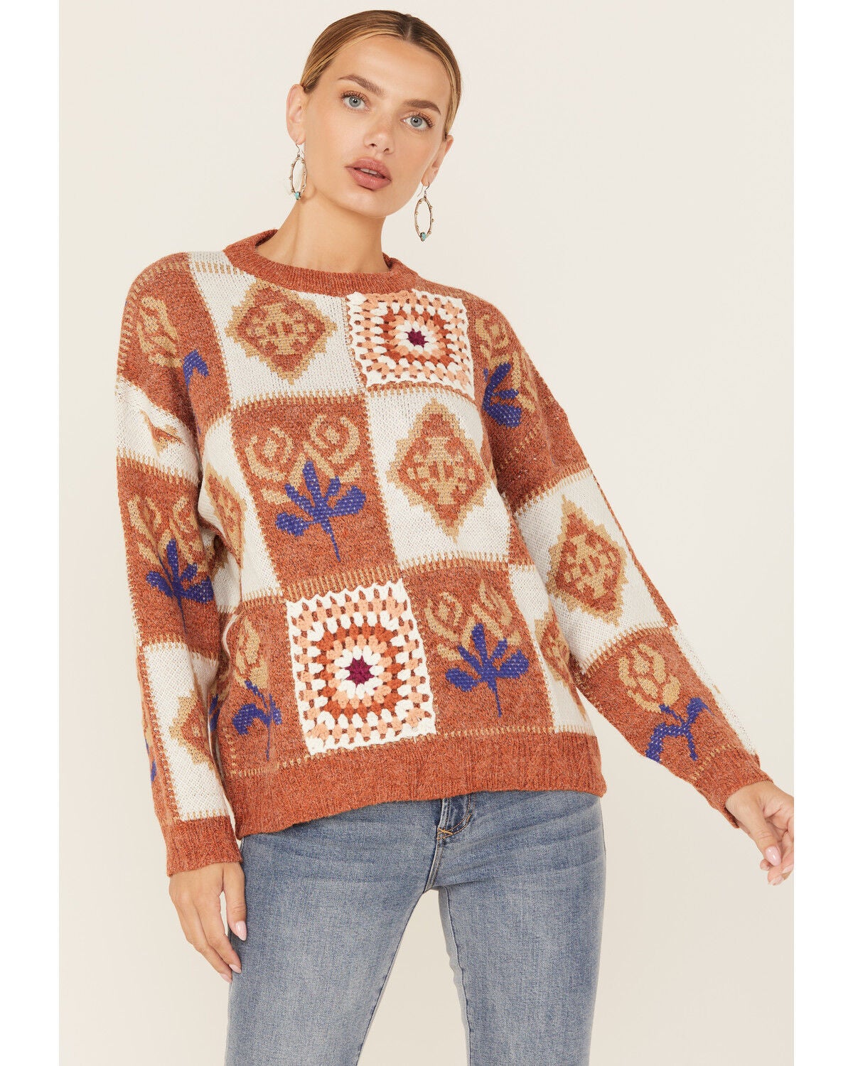 Angie Women's Patchwork Sweater, Rust Copper, hi-res