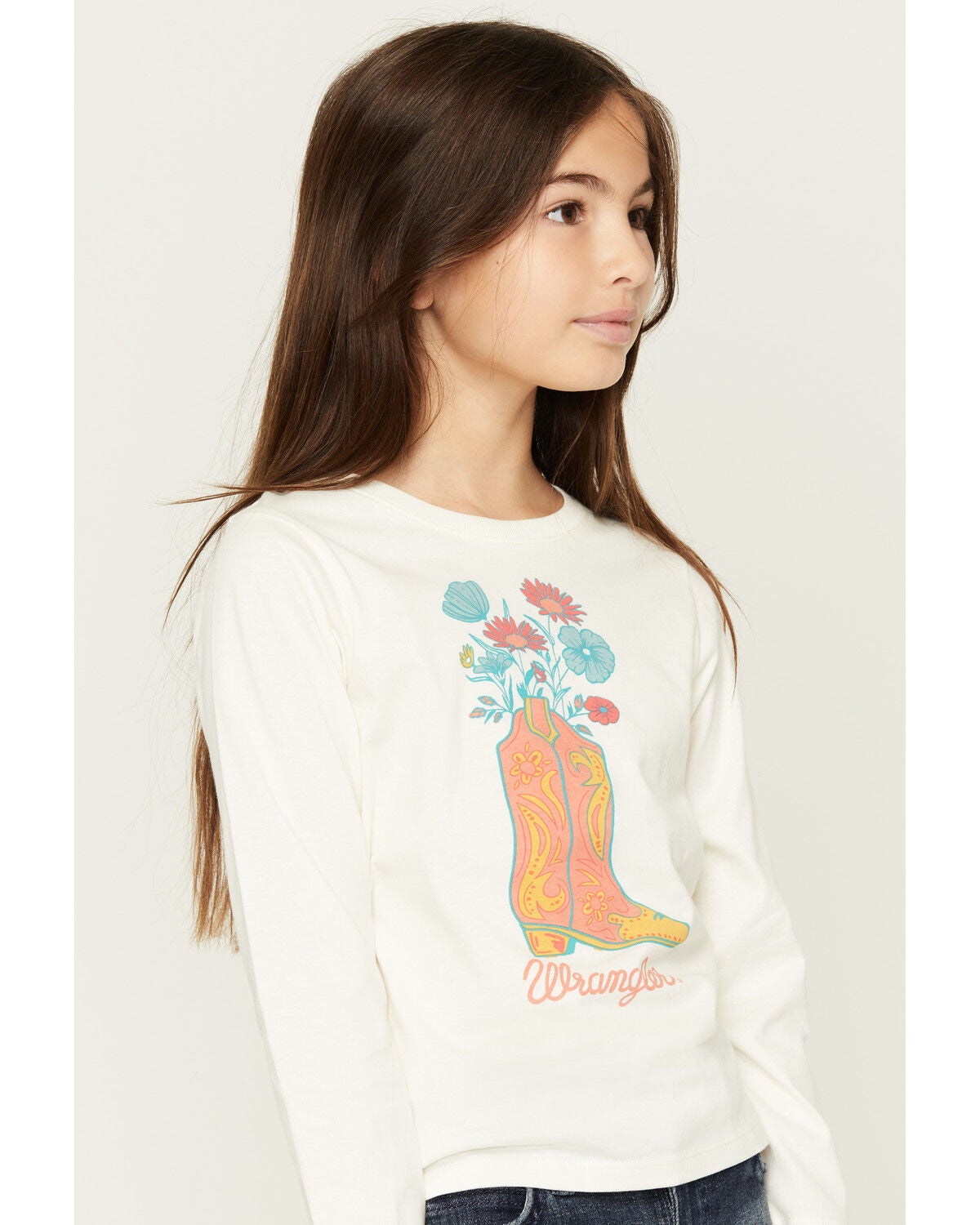 Image #2 - Wrangler Girls' Floral Boot Long Sleeve Graphic Tee, White, hi-res