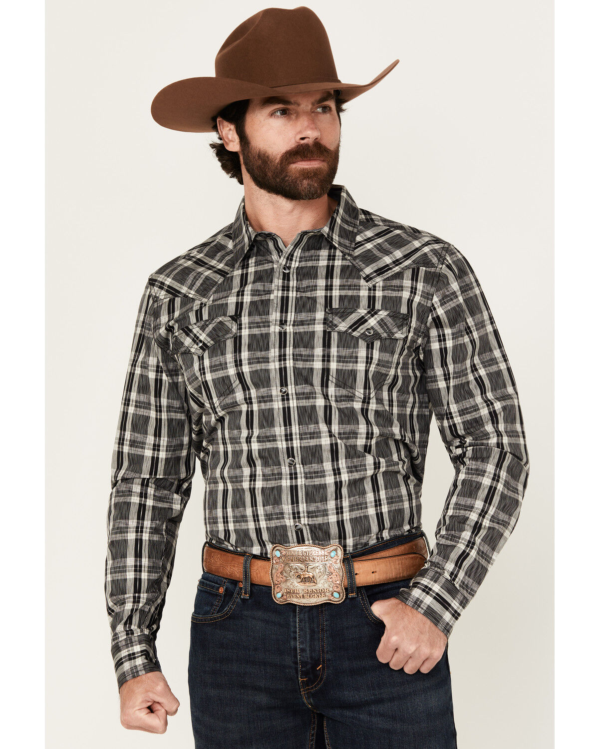 Image #1 - Cody James Men's Denton Plaid Print Long Sleeve Snap Western Shirt, Black, hi-res