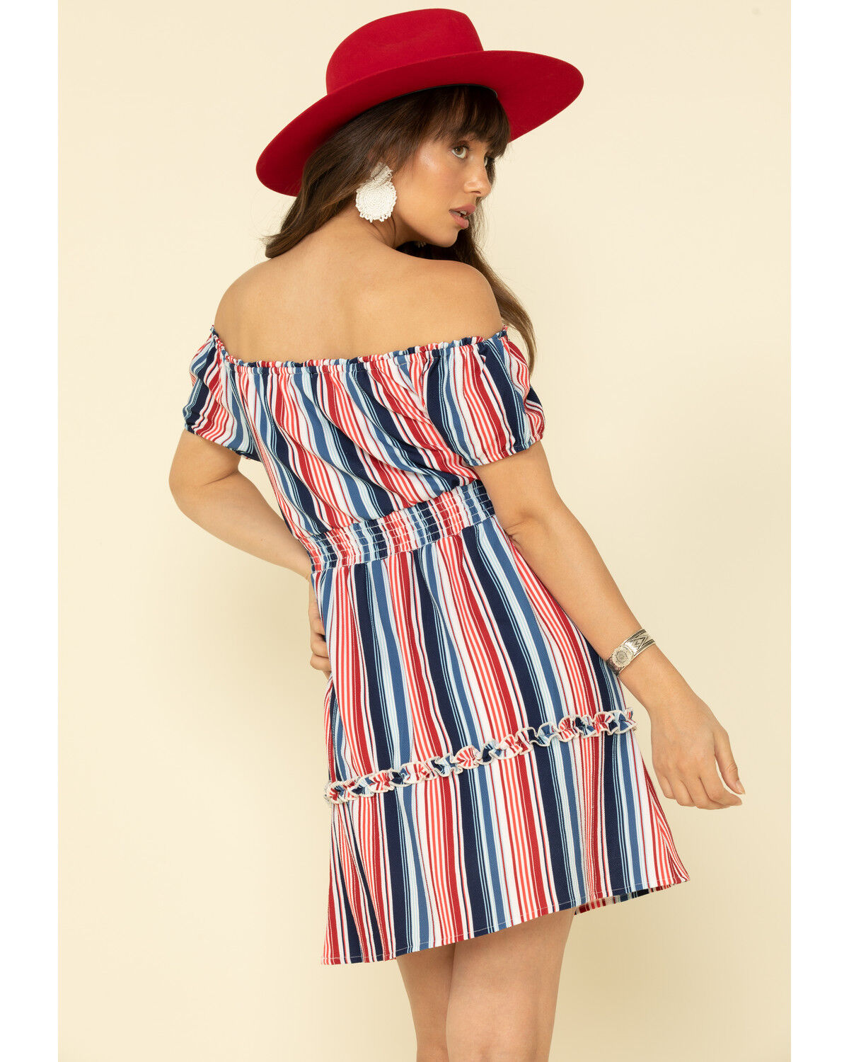 Image #1 - Rock & Roll Denim Women's Stripe Off The Shoulder Mini Dress, Red/white/blue, hi-res