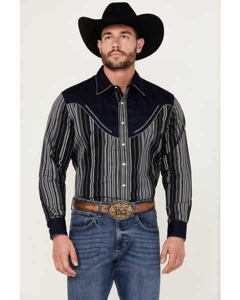 Wrangler Men's Rodeo Ben Striped Long Sleeve Snap Western Shirt , Navy, hi-res