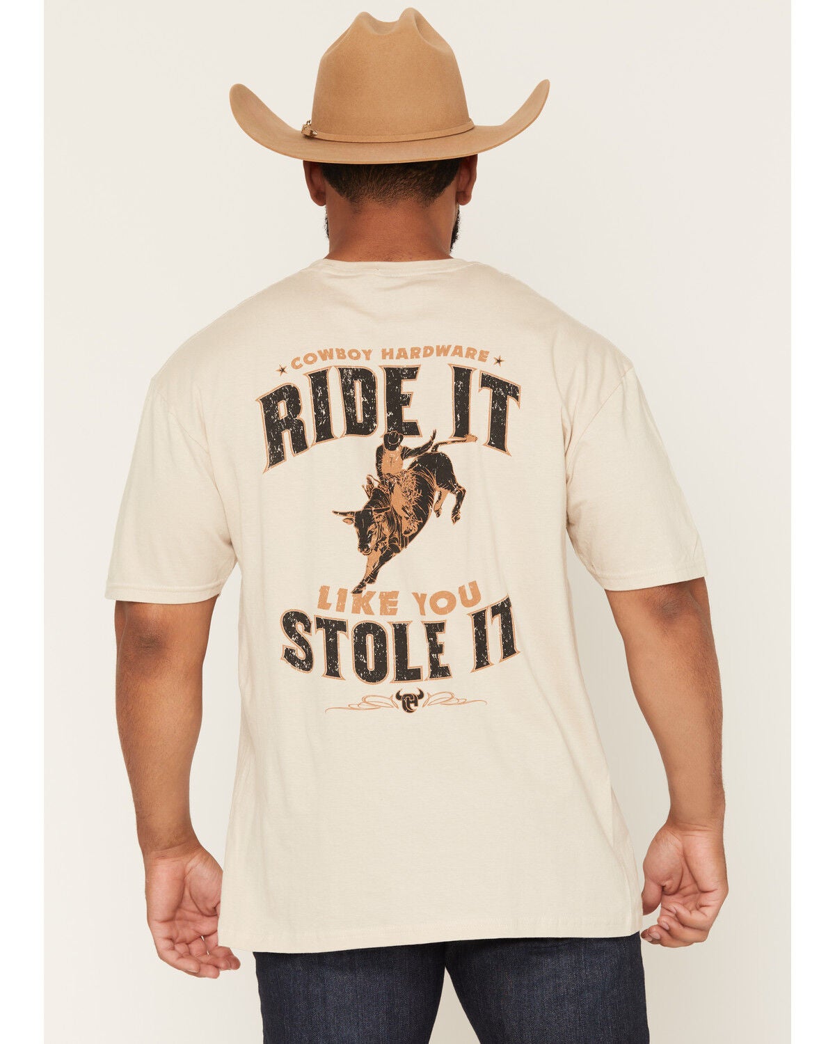 Cowboy Hardware Men's Ride It Like You Stole It Short Sleeve Graphic T-Shirt, Tan, hi-res