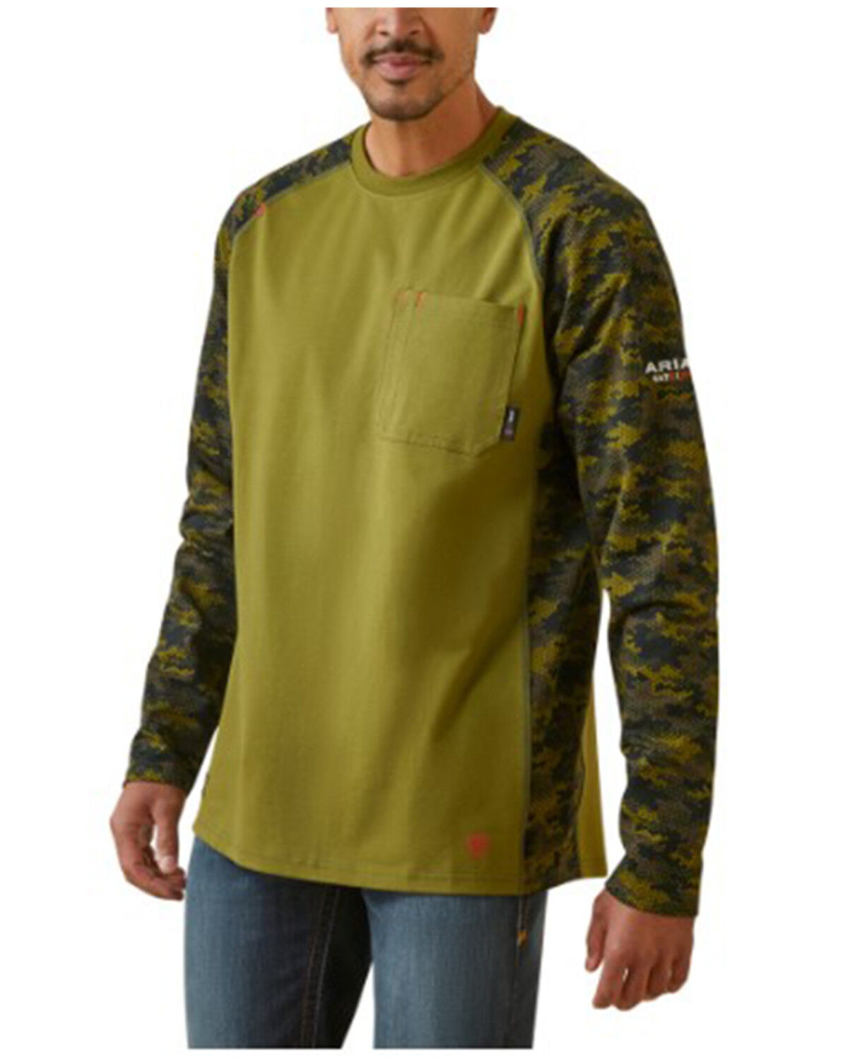 Image #1 - Ariat Men's FR Stretch Camo Print Long Sleeve Baseball Work Shirt, Green, hi-res