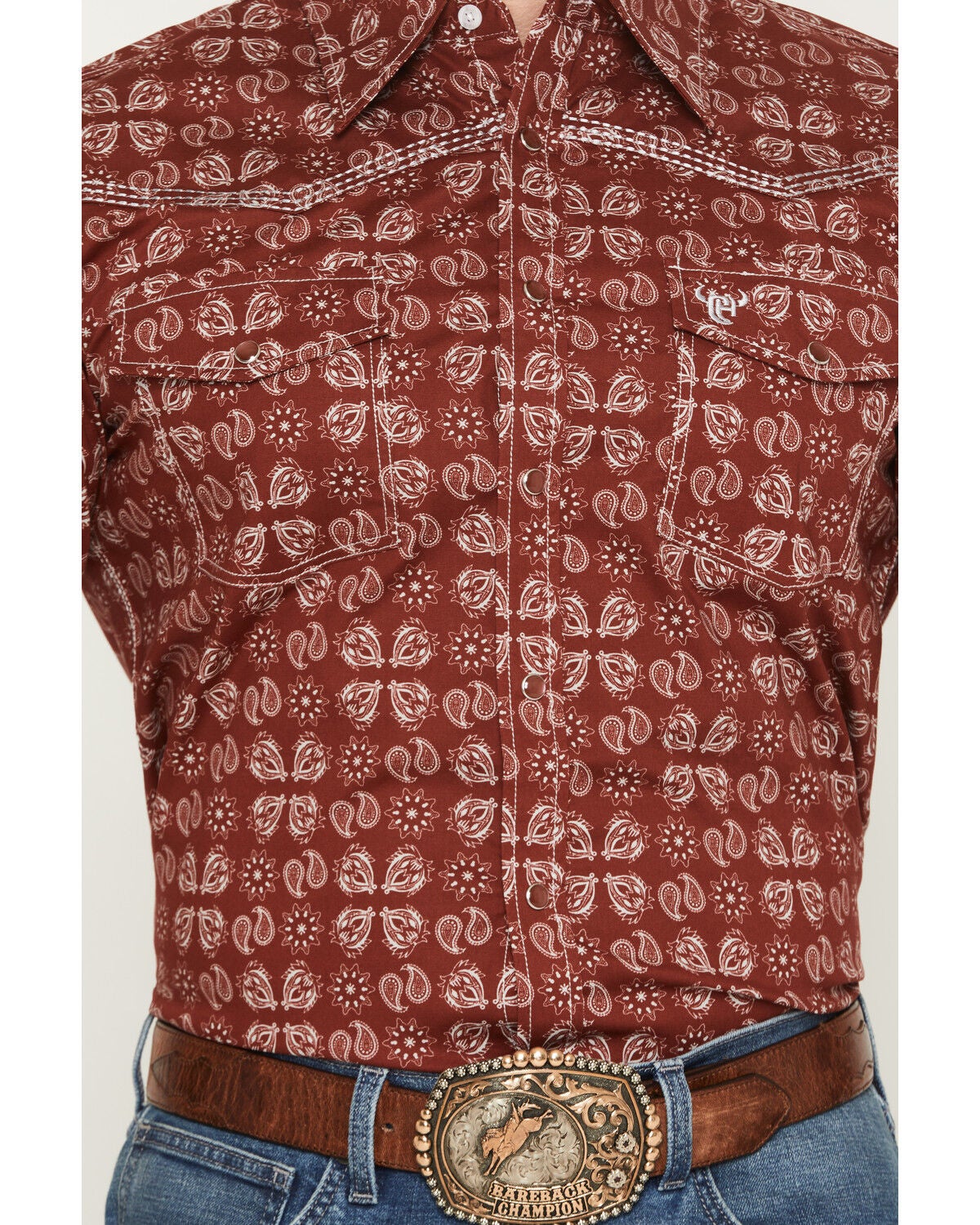 Image #3 - Cowboy Hardware Men's Acorn Paisley Print Short Sleeve Pearl Snap Stretch Western Shirt, Chilli, hi-res