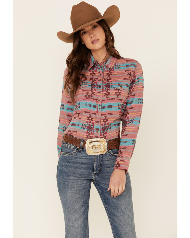 Ariat Women's R.E.A.L Ravishing Southwestern Print Long Sleeve Snap Western Shirt , Red, hi-res