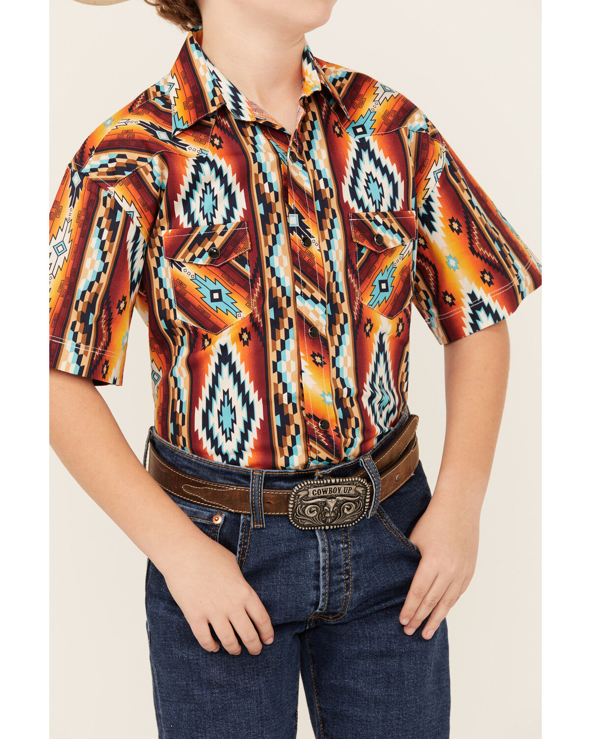 Image #3 - Rock & Roll Denim Boys' Southwestern Print Short Sleeve Snap Stretch Western Shirt, Red, hi-res