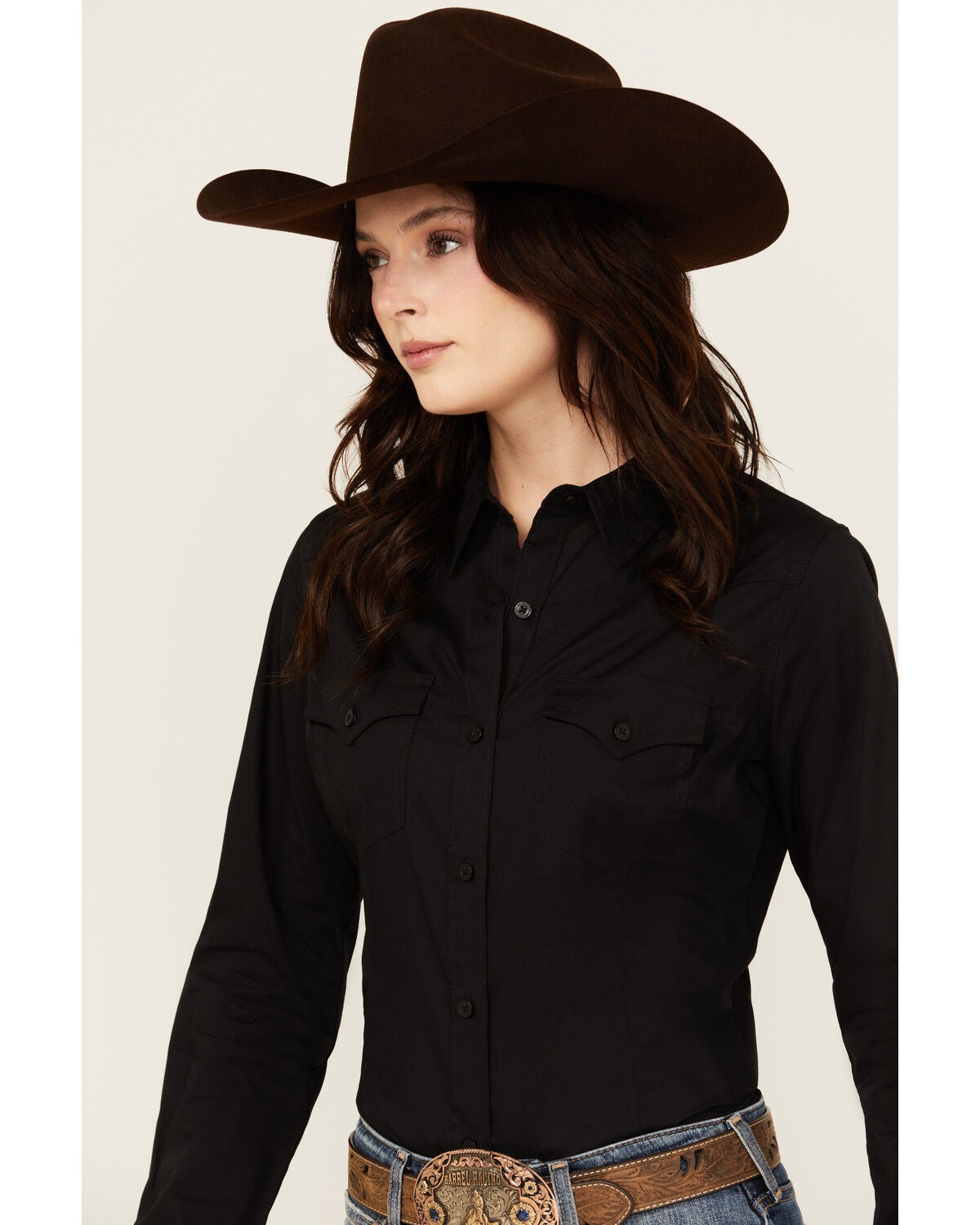 Image #2 - Wrangler Retro Women's Solid Long Sleeve Button-Down Stretch Western Shirt, Black, hi-res