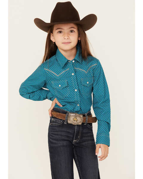 Ely Walker Girls' Southwestern Print Long Sleeve Pearl Snap Western Shirt, Teal, hi-res