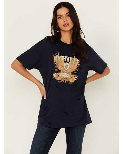Bohemian Cowgirl Women's Eagle Destructed Short Sleeve Graphic Tee, Navy, hi-res