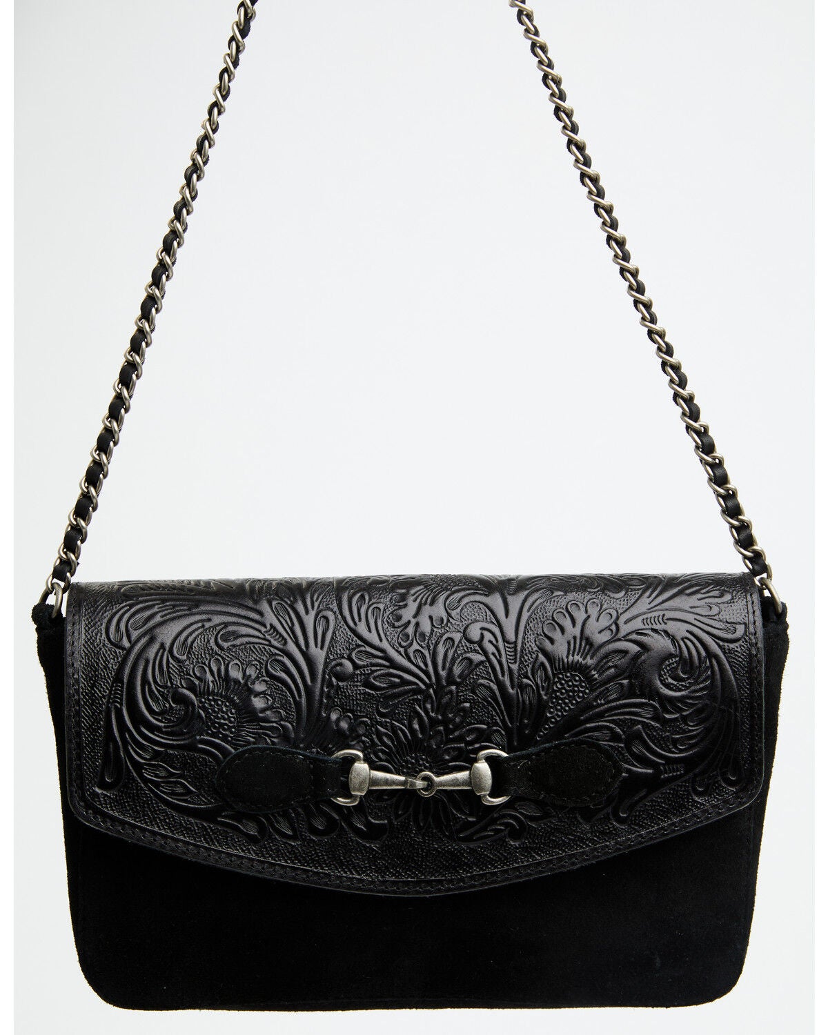 Image #2 - Shyanne Women's Marlowe Tooled Leather Horse Bit Shoulder Bag, Black, hi-res