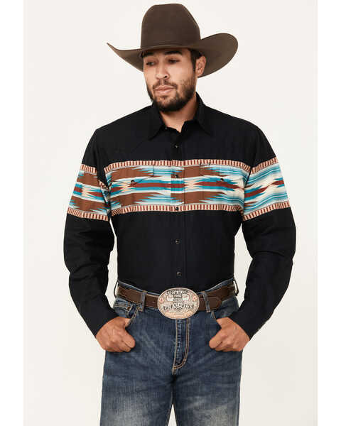 Image #1 - Roper Men's Vintage Southwestern Print Long Sleeve Snap Western Shirt , Black, hi-res