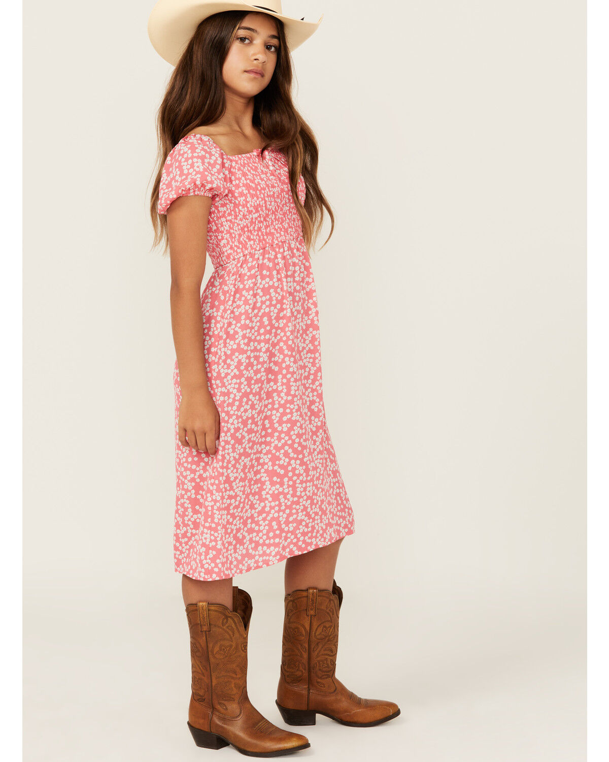 Image #3 - Trixxi Girls' Smocked Puff Sleeve Midi Dress, Pink, hi-res