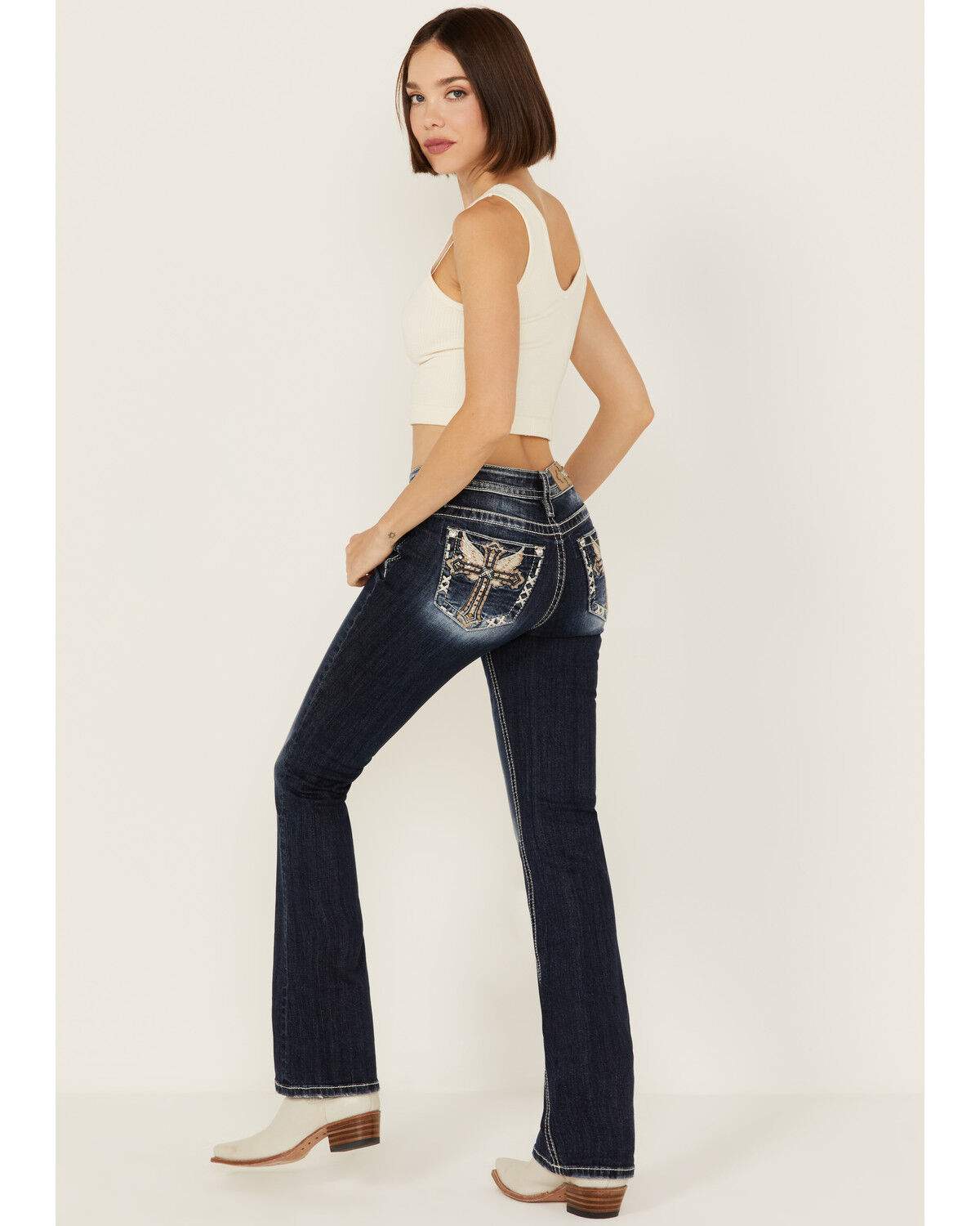 Image #1 - Miss Me Women's Dark Wash Mid Rise Angel Wing Cross Pocket Bootcut Stretch Denim Jeans, Dark Wash, hi-res