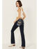 Image #1 - Miss Me Women's Dark Wash Mid Rise Angel Wing Cross Pocket Bootcut Stretch Denim Jeans, Dark Wash, hi-res