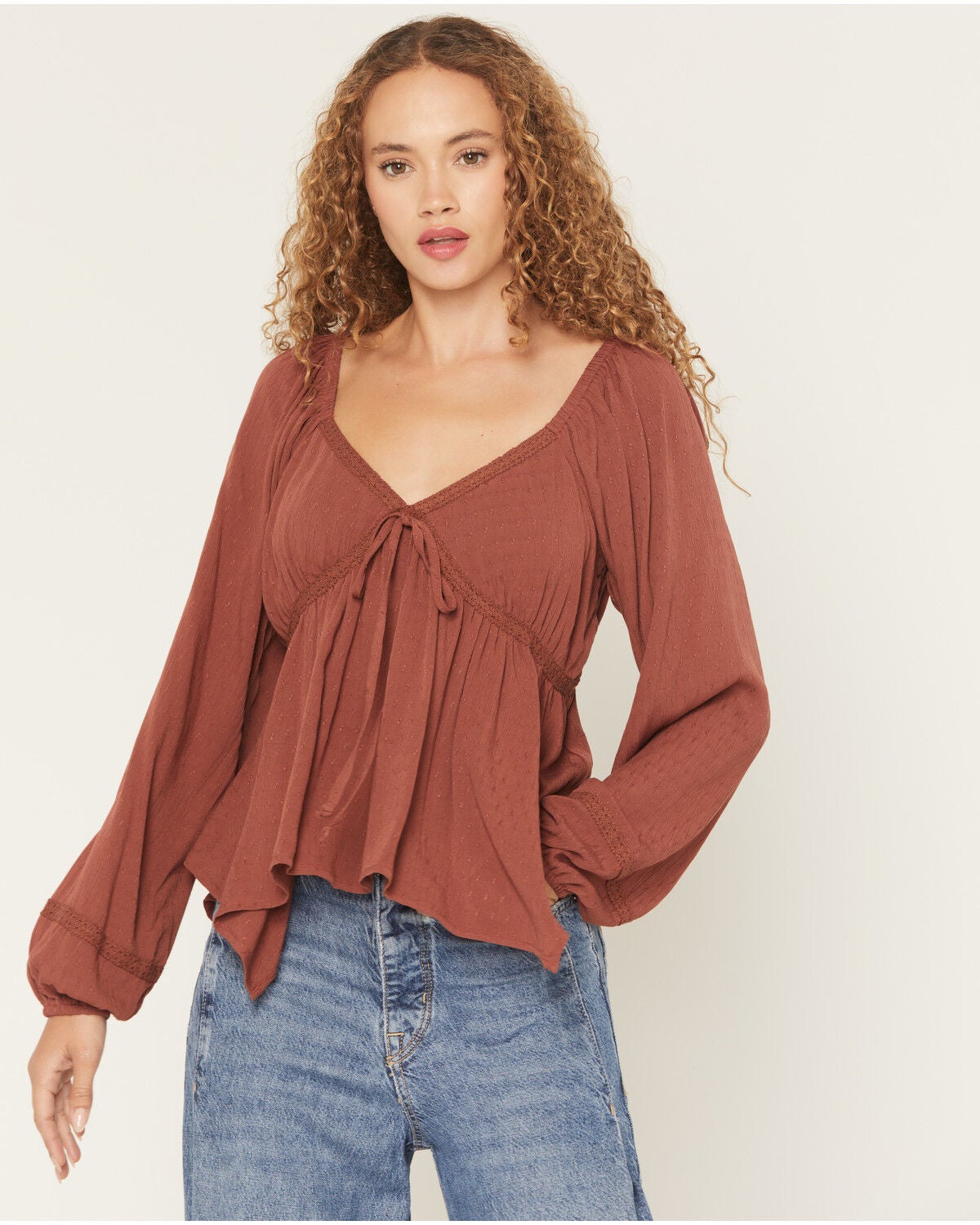 Wild Moss Women's Solid Long Sleeve Hanky Hem Top, Rust Copper, hi-res