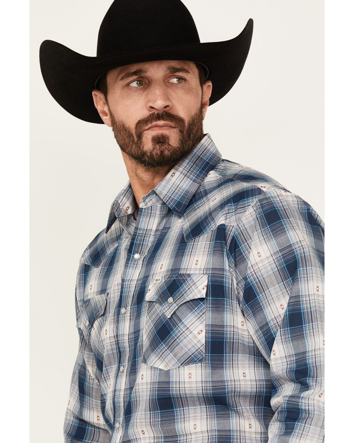 Image #2 - Ely Walker Men's Plaid Print Long Sleeve Pearl Snap Western Shirt, Navy, hi-res