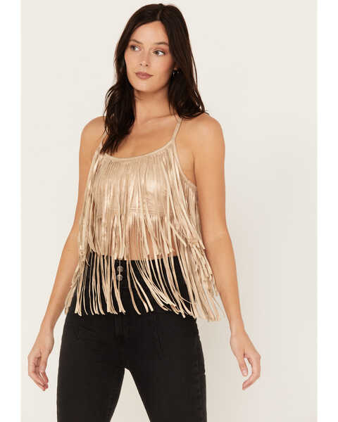 Shyanne Women's Cropped Fringe Tank Top, Taupe, hi-res